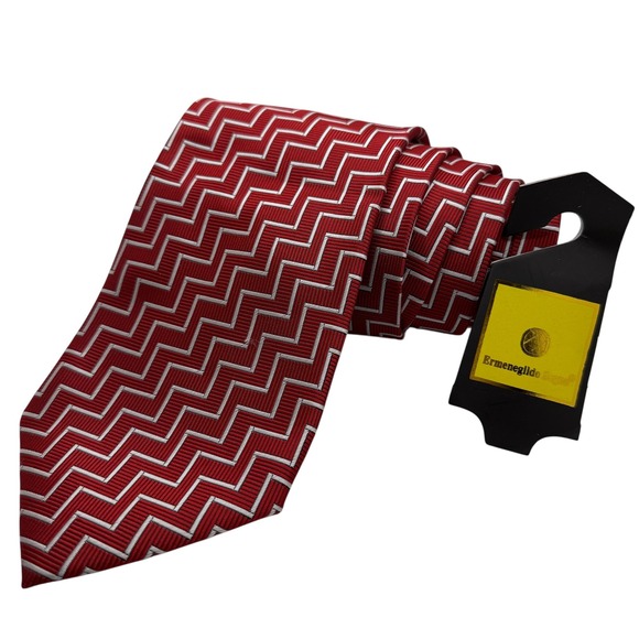 Ermenegildo Zegna Silk Tie Mens Red White Chevron Zigzag Italy Luxury 59